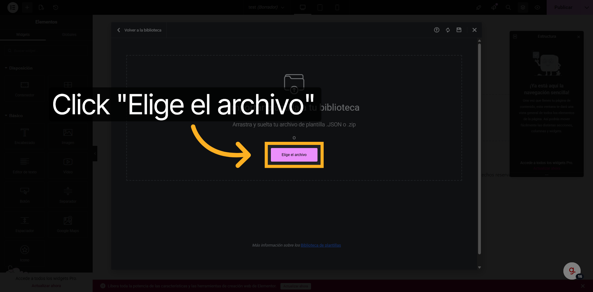 Import file and publish in Elementor